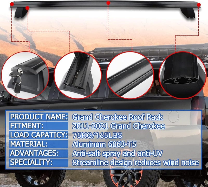FLYCLE Roof Rack Cross Bars Compatible with 2011-2021 Grand Cherokee with Grooved Side Rails, Luggage Carrier CrossBars for Rooftop Cargo Luggage Kayak Bicycles Canoe with Grooved Side Rails - Image 5
